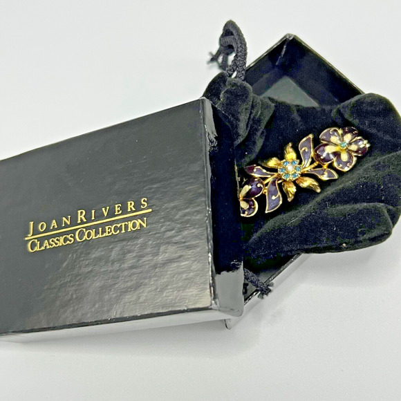 Joan Rivers Gold Tone Swarovski Crystals Enamel Navy Blue Flowers Brooch Pin - Picture 2 of 4